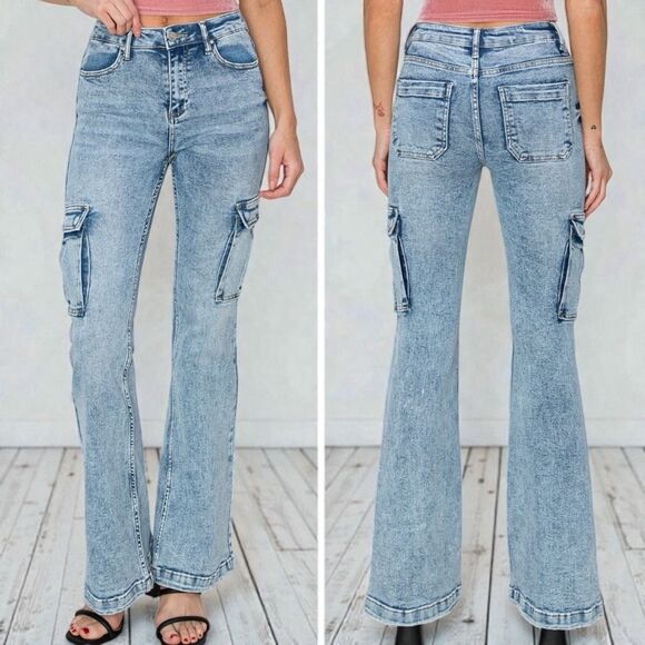 RISEN Retro Cargo High-Rise Slim Flare Tapered Acid Wash Denim Jeans Utility Pan - Picture 1 of 10